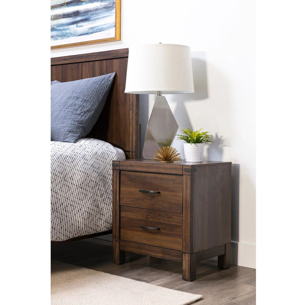 Dark Brown Industrial Style Two Drawer Nightstand